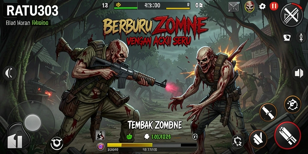 Antarmuka RATU303 menampilkan aksi pertempuran melawan zombie yang mendebarkan.