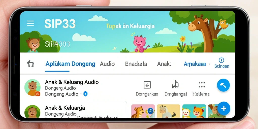 Tampilan antarmuka SIP33 dengan kategori Dongeng Audio yang menarik.